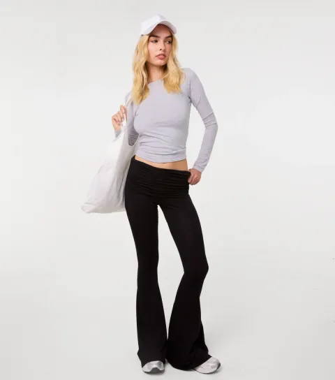 Pink Vanilla Women's Black Jersey Fold Over Flared Trousers