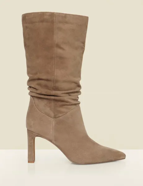 SOSANDAR Suede Ruched Pointed Toe Boots Taupe
