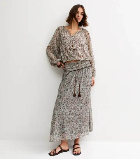 Women's Blue Paisley Chiffon Tassel Tie Midi Skirt