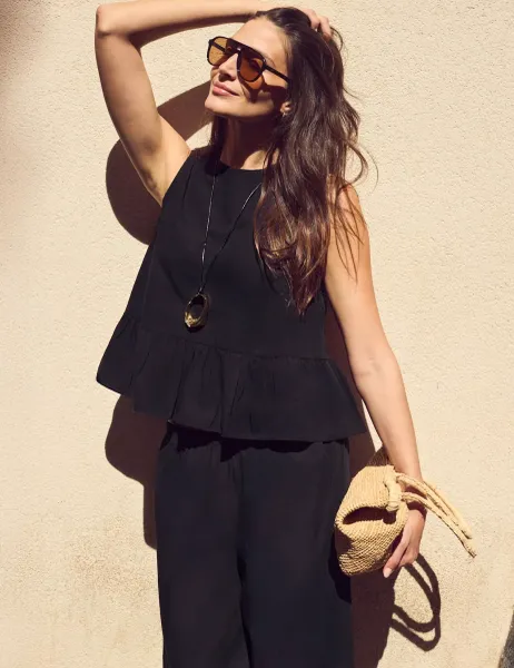 RO&ZO Pure Cotton Crew Neck Peplum Top Black
