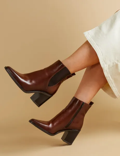 Jones Bootmaker Leather Block Heel Pointed Ankle Boots Brown