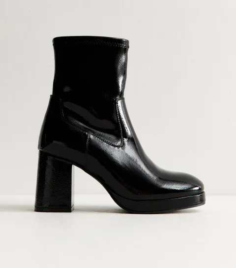 Women's Black Faux Leather Platform Block Heel Ankle Boots Vegan