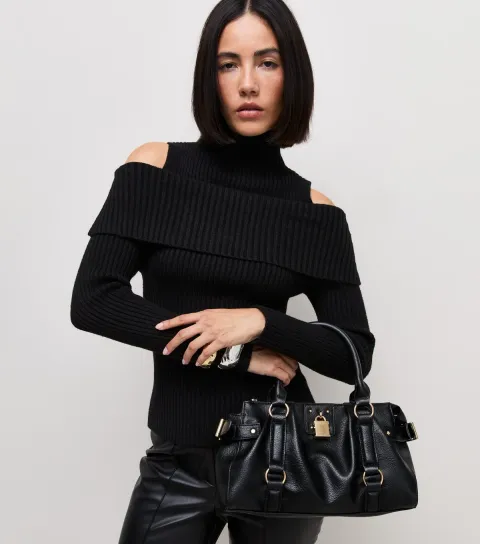Women's Black Cold Shoulder Bardot Funnel Neck Top
