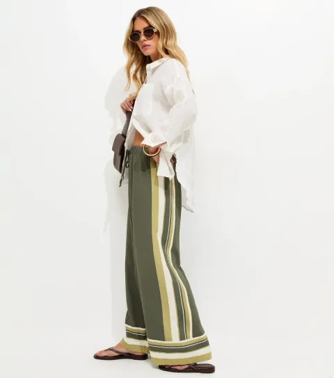 Women's Petite Green Striped Border Wide Leg Trousers