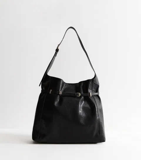 Black Faux Leather Belted Hobo Shoulder Bag