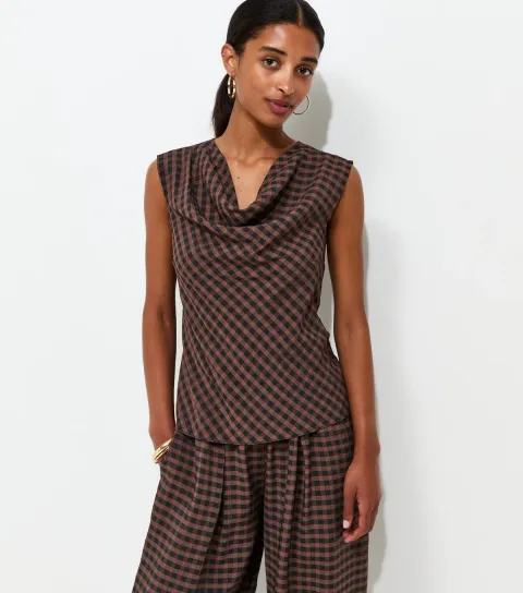Women's Brown Check Pattern Cowl Neck Woven Top