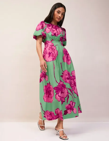 RO&ZO Cotton Rich Floral Puff Sleeve Midaxi Dress Green Mix