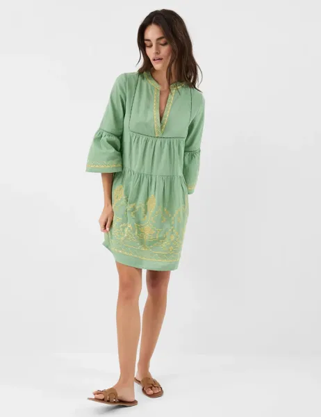 Accessorize Cotton Rich Embroidered Notch Neck Dress Green