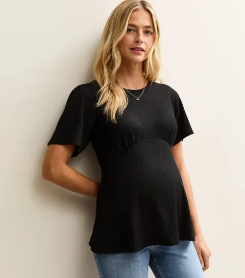 Women's Maternity Black Textured Jersey Half Moon Waist Top