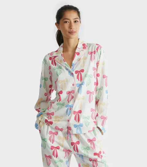 Women's White Bow Print Shirt and Trousers Pyjama Set