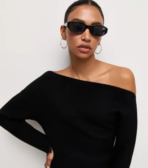 Women's Black Knit Asymmetric Lace Trim Jumper