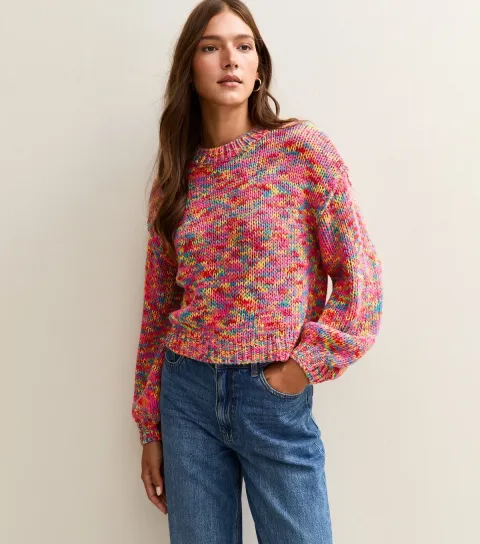 Women's Bright Pink Multicoloured Balloon Sleeve Jumper