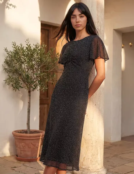 Roman Petite Studded Mesh Ruched Midi Dress Black