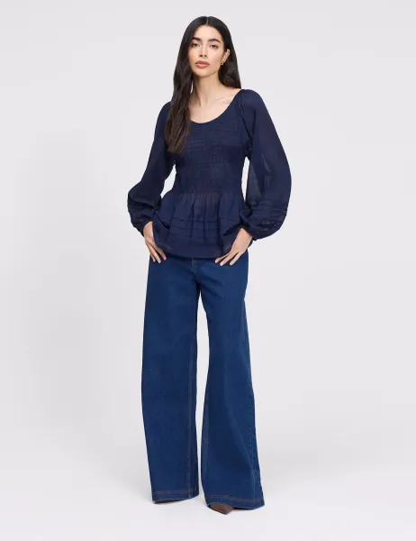 Finery London Pure Cotton Shirred Blouson Sleeve Top Navy