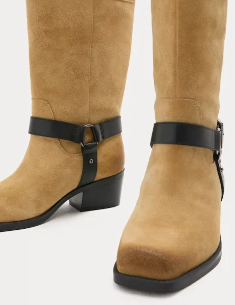 Marks & Spencer Suede Mid Calf Buckle Block Heel Boots Sand