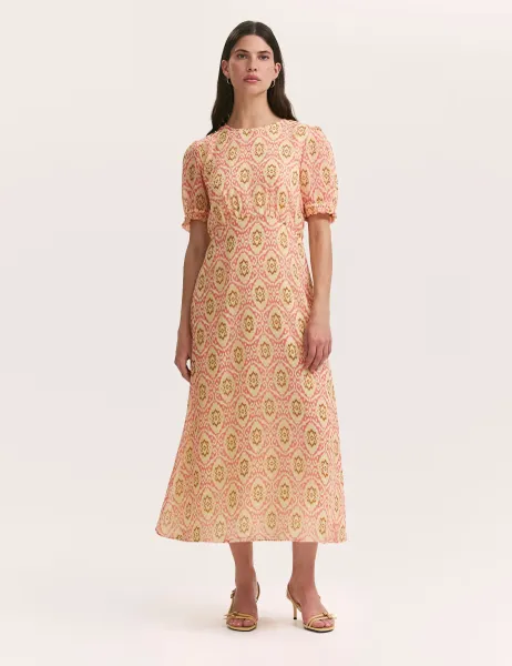 Finery London Mela Coral Ikat Chiffon Midi Tea Dress Pink Mix