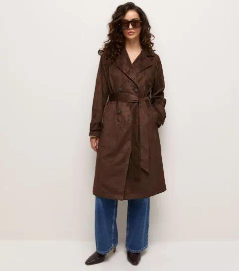 Women's Petite Dark Brown Faux Suede Longline Trench Coat