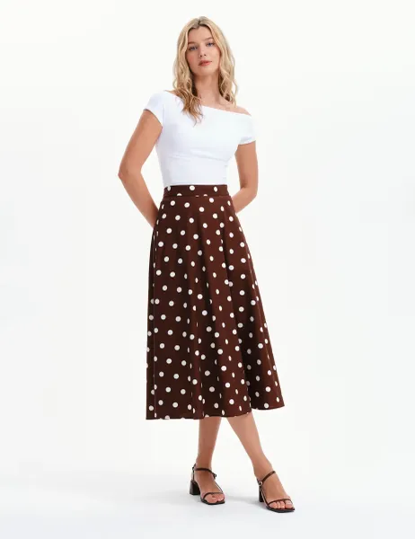 Finery London Pure Cotton Polka Dot Midi A-Line Skirt Brown Mix