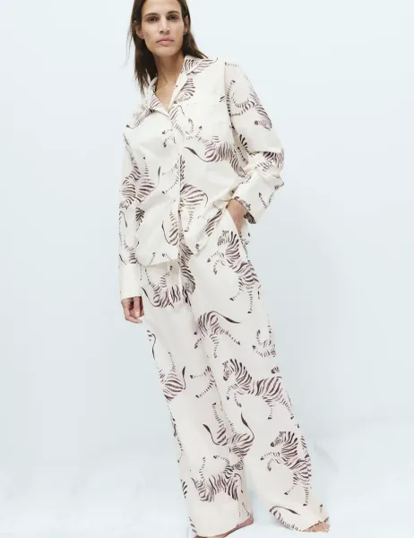 Marks & Spencer Pure Cotton Poplin Zebra Revere Pyjama Set Ivory Mix