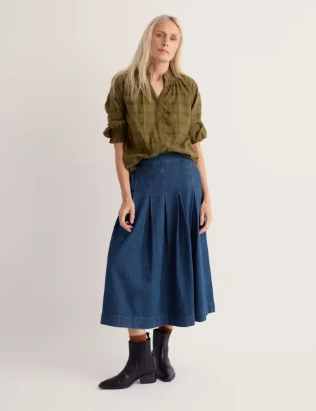 Seasalt Cornwall Pure Cotton Checked Ruffle Blouse Green Mix
