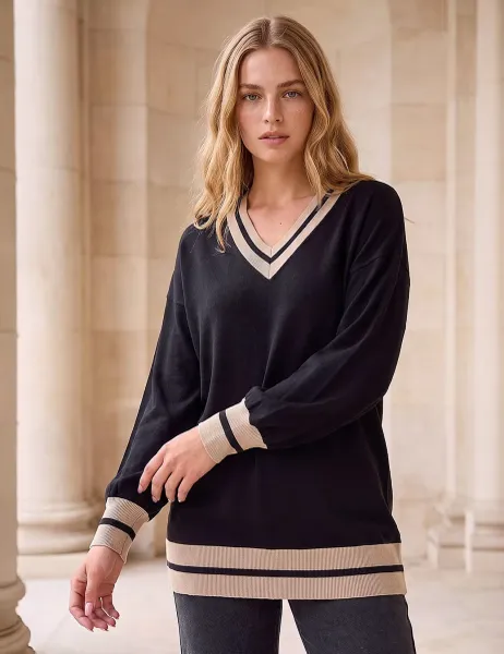Roman Rayon Blend Tipped Detail Boyfriend Jumper Black Mix