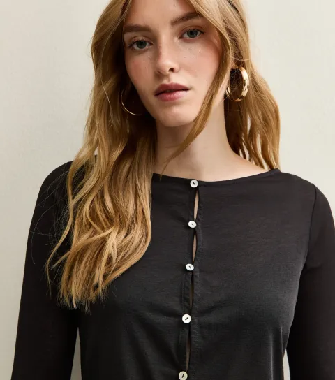 Women's Black Button Through Long Sleeve Top
