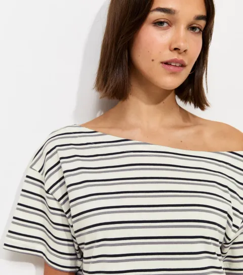 Women's Cream Cotton Stripes Off The Shoulder Top