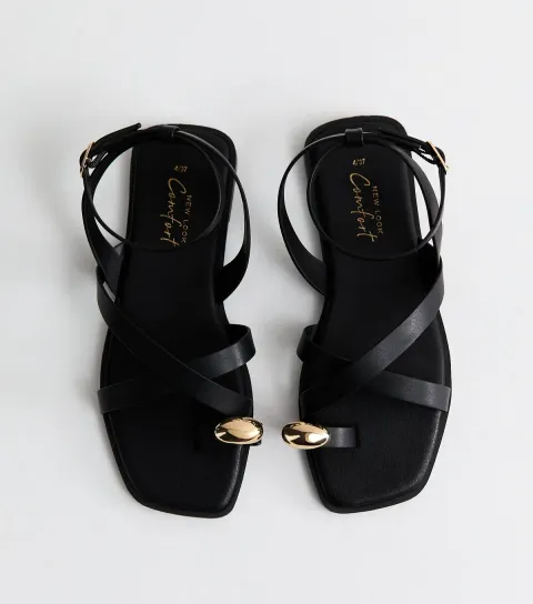 New Look Women's Black Faux Leather Multi Strap Toe Ring Flat Sandals Vegan