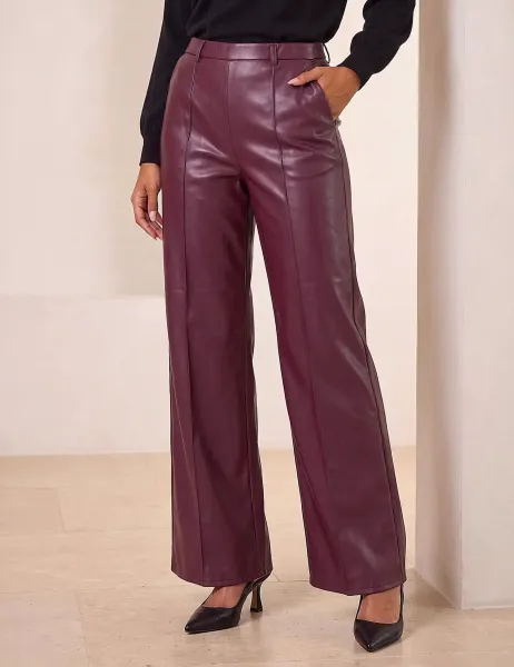 Roman Leather Look Pintuck Pull On Wide Leg Trousers Burgundy Mix