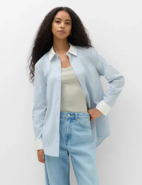 Marks & Spencer Pure Cotton Striped Shirt Blue Mix