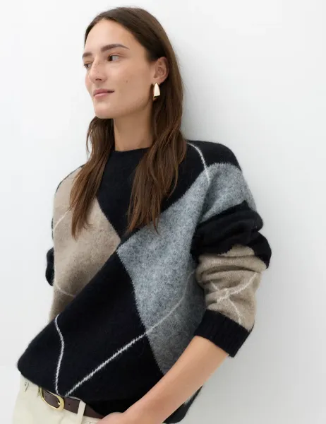 Marks & Spencer Argyle Crew Neck Relaxed Fit Jumper with Wool Neutral