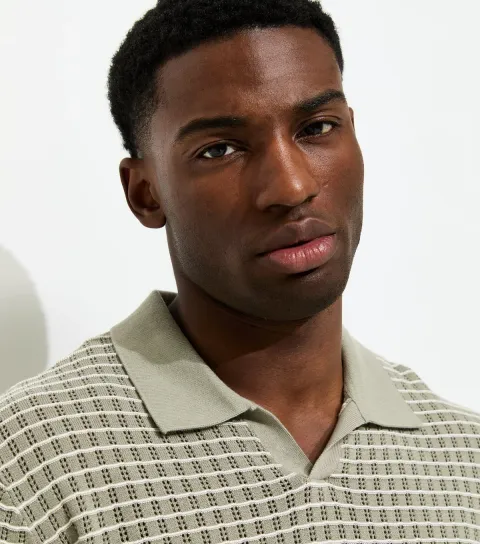Men's Light Khaki Relaxed Pointelle Knit Polo Shirt