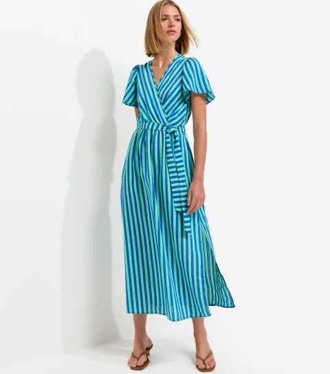 New Look Women's Blue Striped Wrap Midi Dress