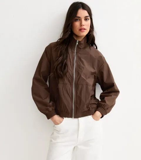 Women's Dark Brown Zip Through Funnel Neck Jacket