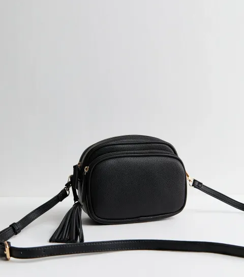 Black Faux Leather Tassel Crossbody Camera Bag