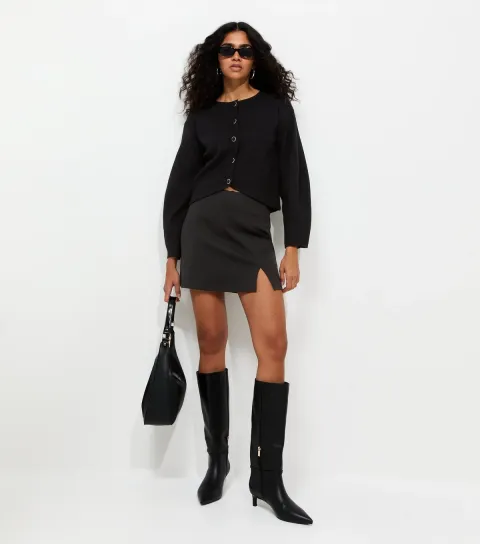 Women's Black Compact Knit Button Detail Cardigan