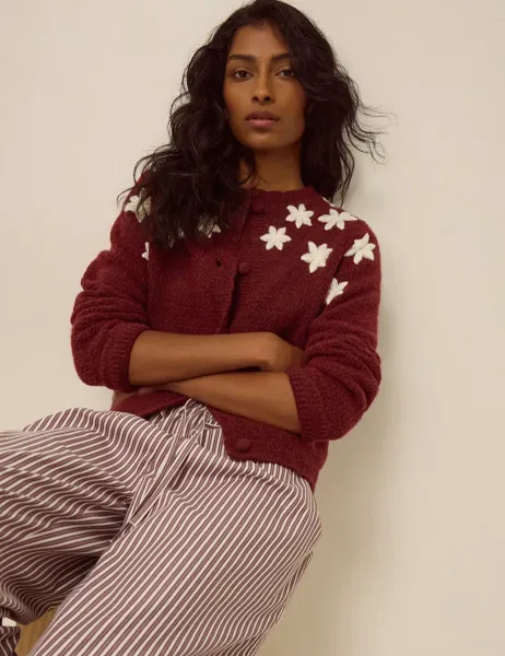 Monsoon Embroidered Crew Neck Cardigan Burgundy Mix