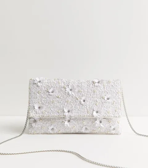 White Sequinned Floral Appliqued Envelope Clutch