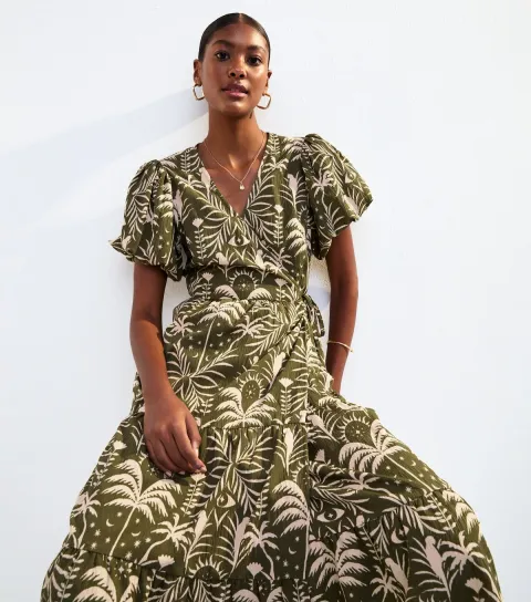 New Look Women's Khaki Palm Print Puff Sleeve Wrap Midi Dress
