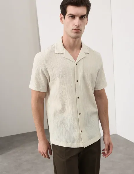 Autograph Regular Fit Crinkle Seersucker Shirt Stone