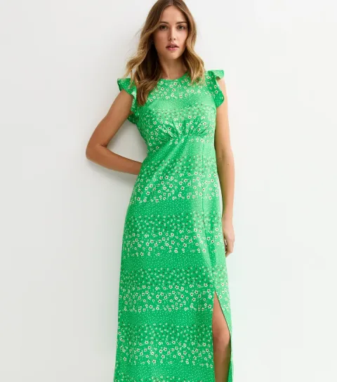 Women's Green Floral Flutter Sleeve Midi Dress