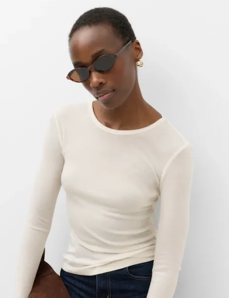 Marks & Spencer Wool Touch Long Sleeve Layering Slim Top Vanilla