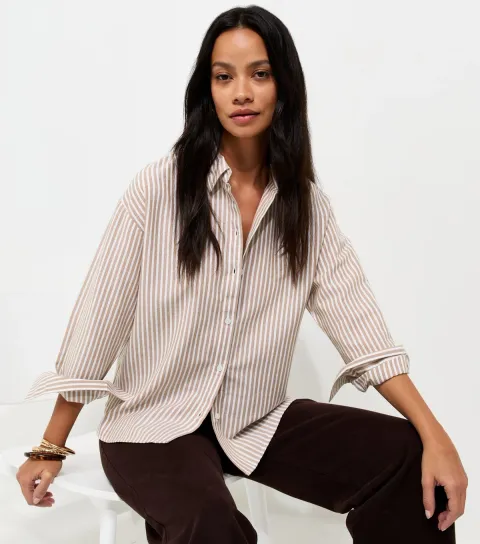Women's Brown Cotton Striped Oxford Shirt