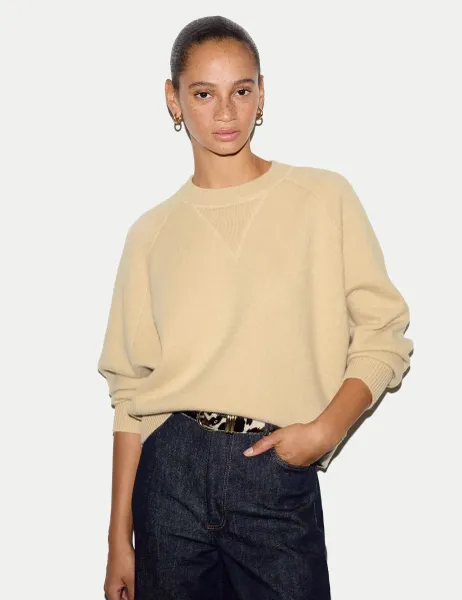 Jigsaw Wool Rich Round Neck Sweatshirt with Cashmere Cream