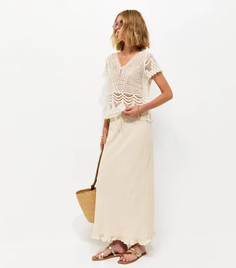 Women's Stone with Linen Ruffle Hem Midi Skirt