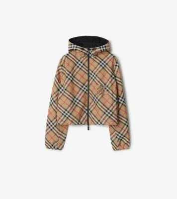 Cropped Reversible Check Hooded Jacket in Sand beige - Women, Nylon