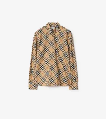 Relaxed Fit Check Cotton Flannel Shirt in Sand beige
