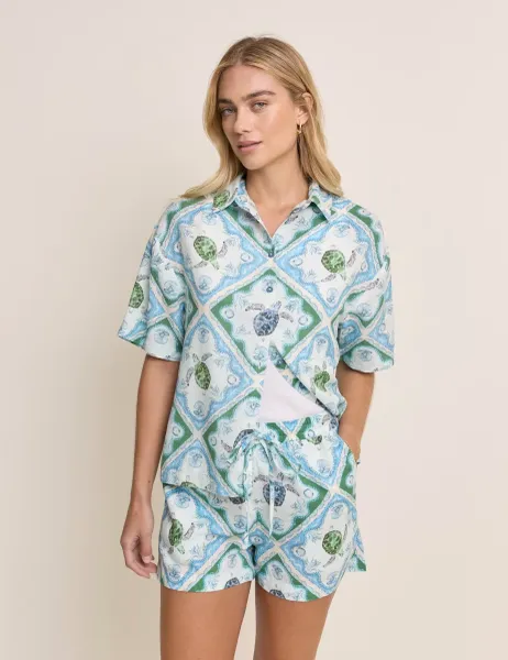 Nobody's Child X Elizabeth Scarlett Linen Rich Printed Shirt Blue