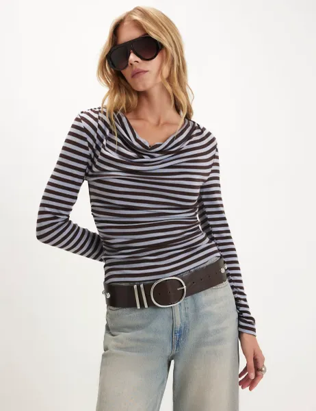 Cowl Neck Draped Striped Top Blue Mix