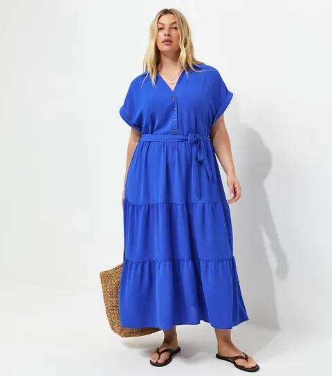 Women's Plus Size Bright Blue Tiered Midi Shirt Dress Curves